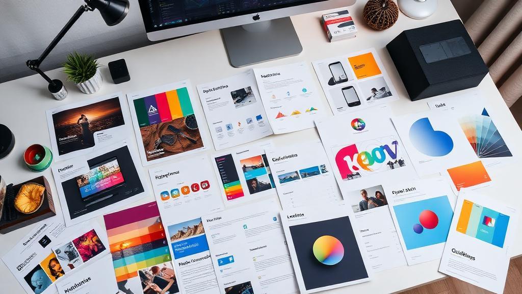 Workspace de design de branding com paletas de cores e materiais gráficos