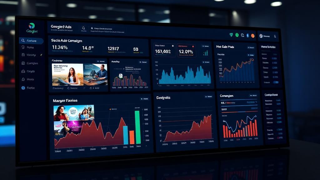 Dashboard de mídia paga com métricas de campanhas Google Ads e Meta