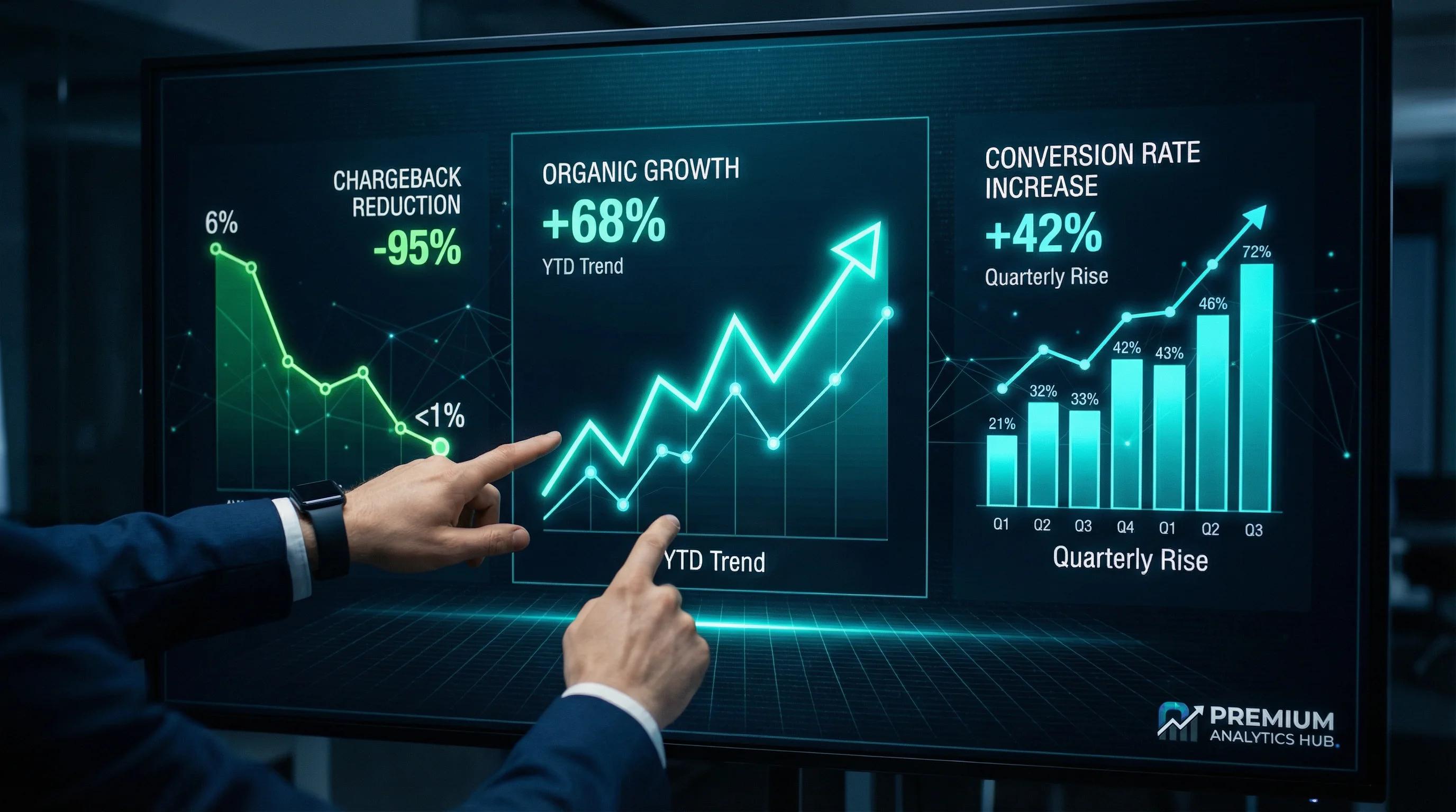 Dashboard de métricas de sucesso: crescimento orgânico 68%, chargeback abaixo de 1% e conversão +42%