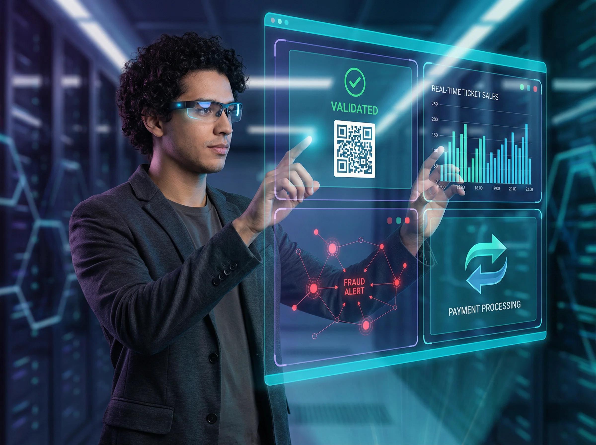 Profissional de tecnologia interagindo com interface holográfica de gestão de eventos